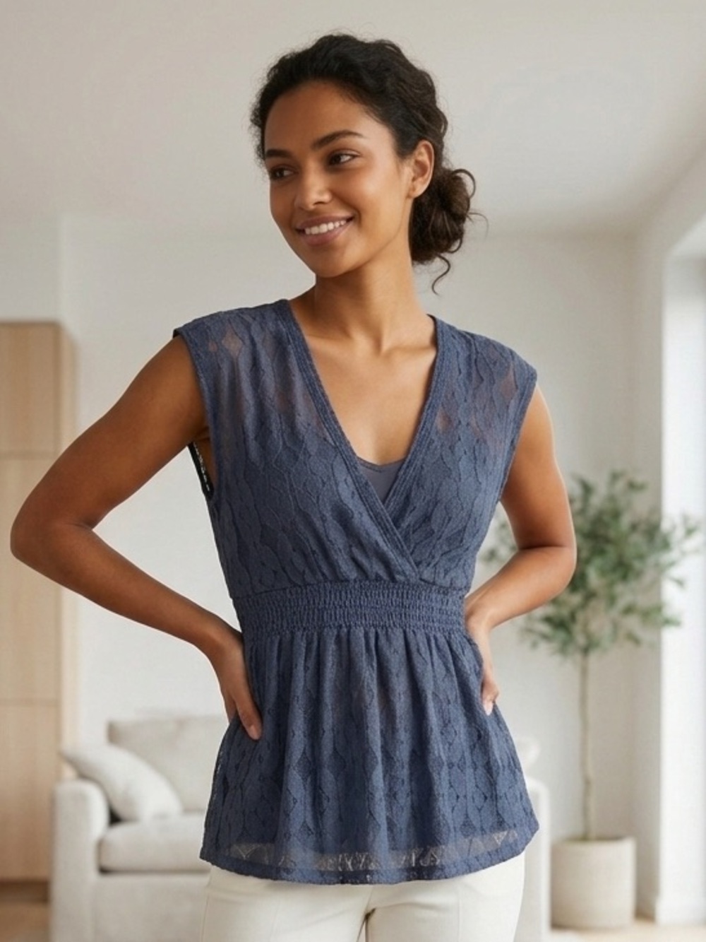 Eyeshadow Blue Lace Sleeveless Crossover Sheer Blouse Size S